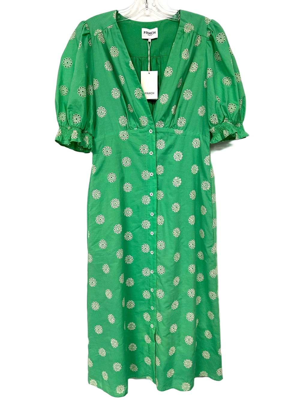 FRNCH Gabrielle Green Eyelet Embroidered Cotton Midi Dress NWT Large Romantic